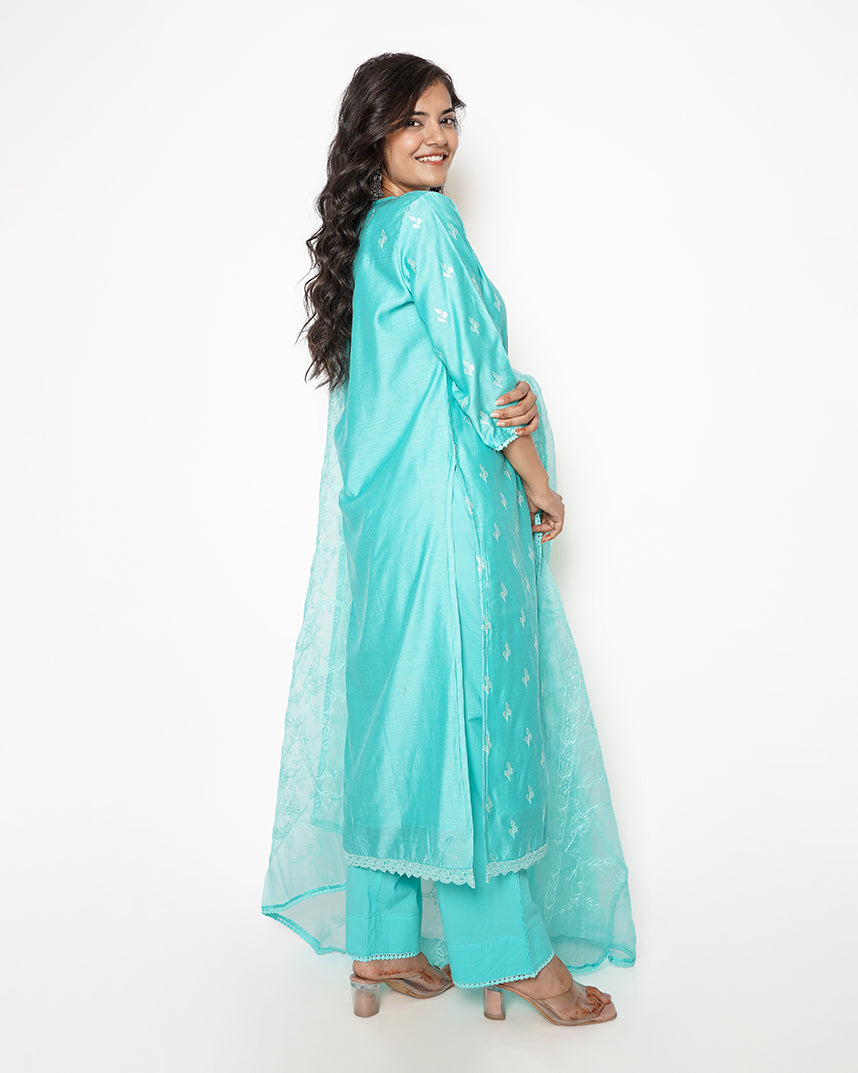 Aqua Blue Embroidered Chanderi Suit Set