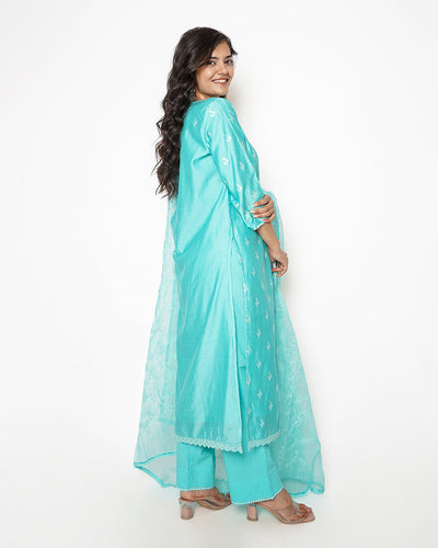 Aqua Blue Embroidered Chanderi Suit Set