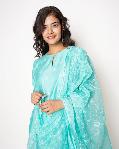 Aqua Blue Embroidered Chanderi Suit Set