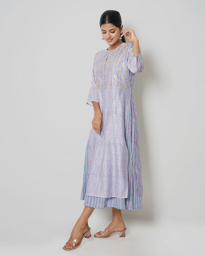 Lavender Blue Printed Chanderi Double Layer Dress