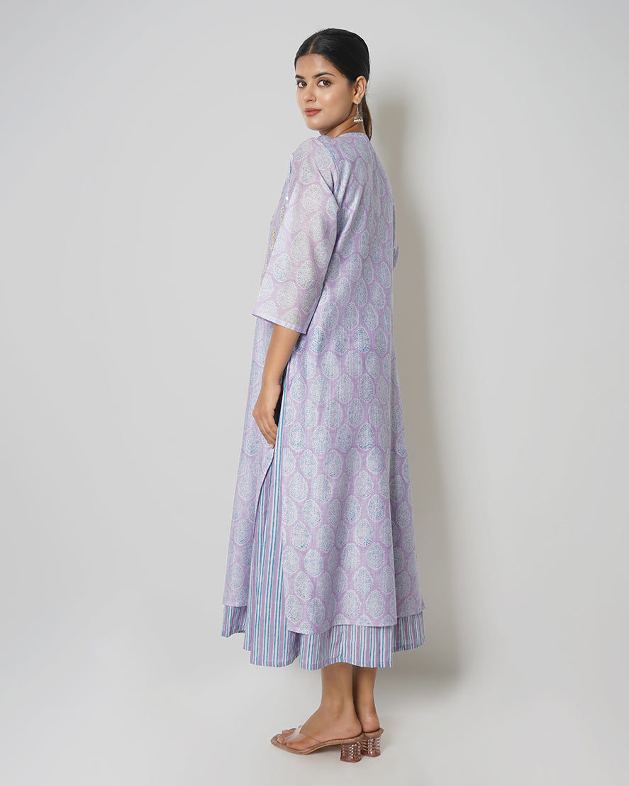 Lavender Blue Printed Chanderi Double Layer Dress