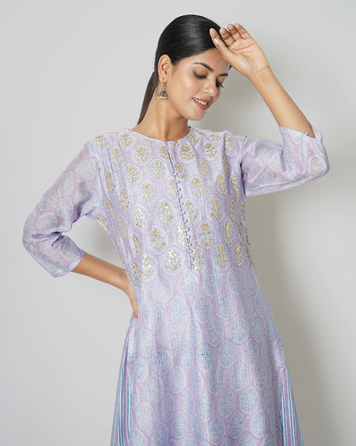 Lavender Blue Printed Chanderi Double Layer Dress