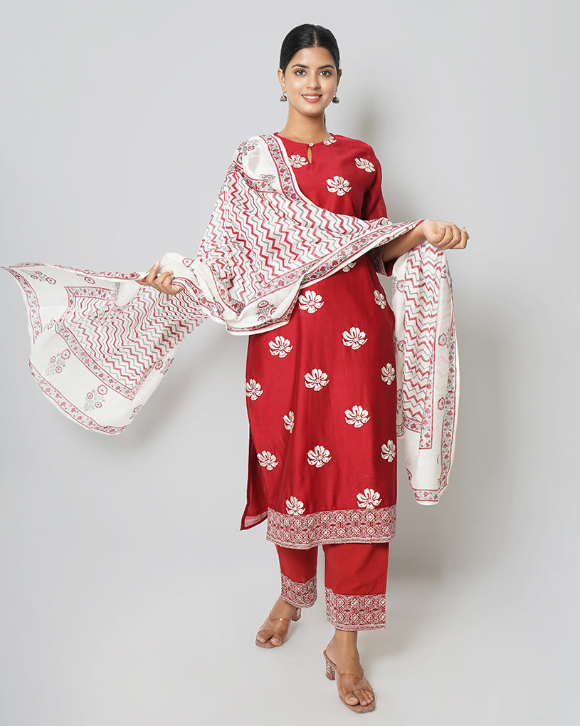 Twilight Love Floral Embroidered Chanderi Red Suit Set