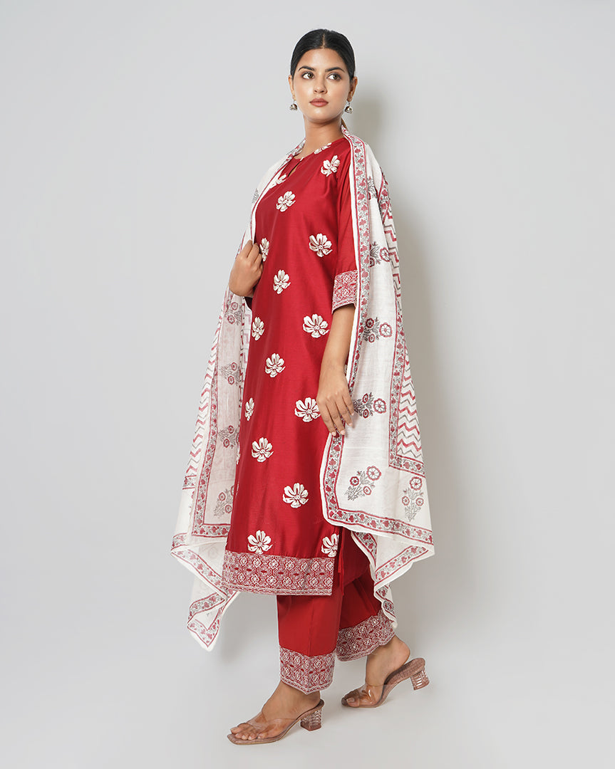 Twilight Love Floral Embroidered Chanderi Red Suit Set