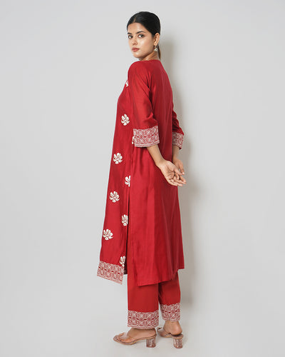 Twilight Love Floral Embroidered Chanderi Red Suit Set