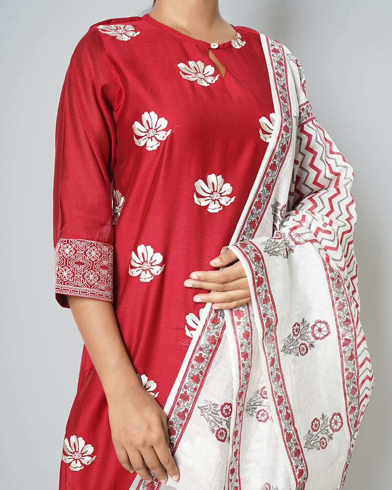 Twilight Love Floral Embroidered Chanderi Red Suit Set