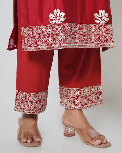 Twilight Love Floral Embroidered Chanderi Red Suit Set