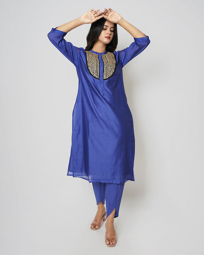 Metallic Blue Marori Sequins Work Chanderi Kurta Set