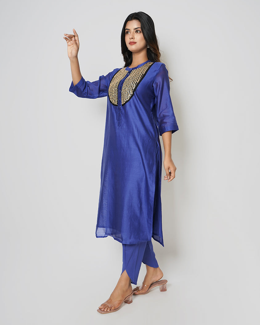 Metallic Blue Marori Sequins Work Chanderi Kurta Set