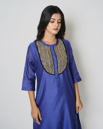 Metallic Blue Marori Sequins Work Chanderi Kurta Set