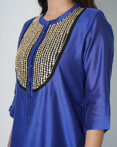 Metallic Blue Marori Sequins Work Chanderi Kurta Set