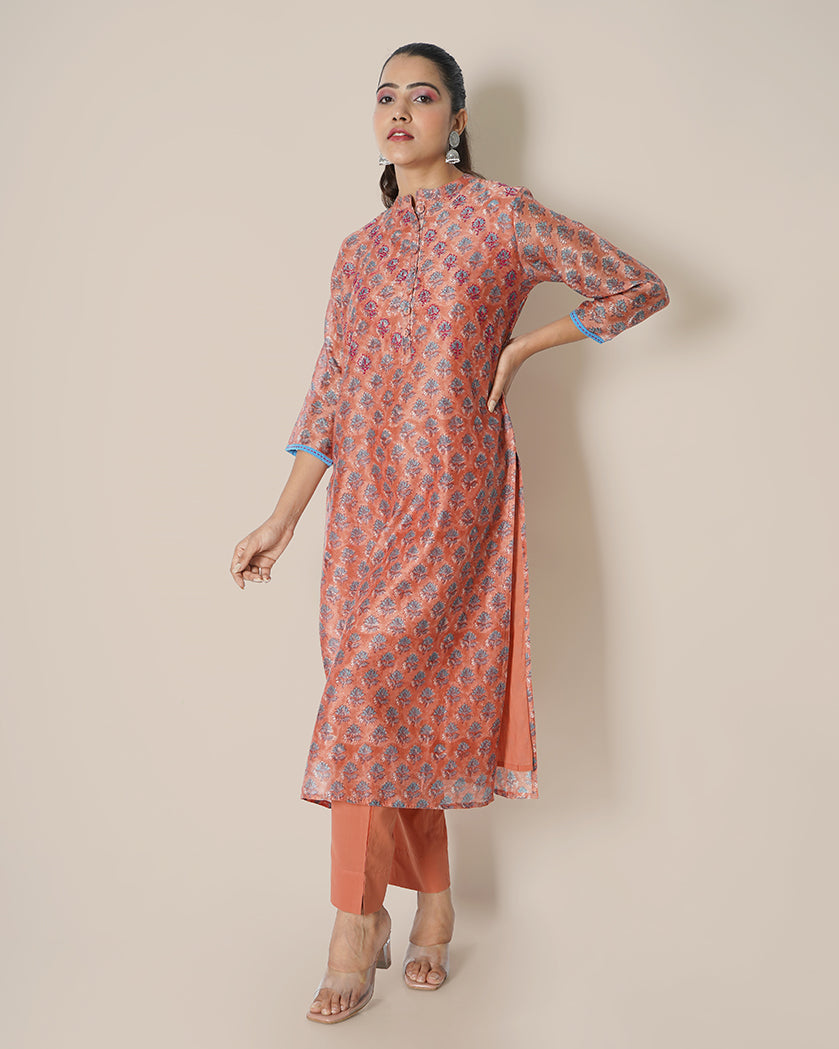 Tinted Sage Handblock Print Chanderi Kurta Set