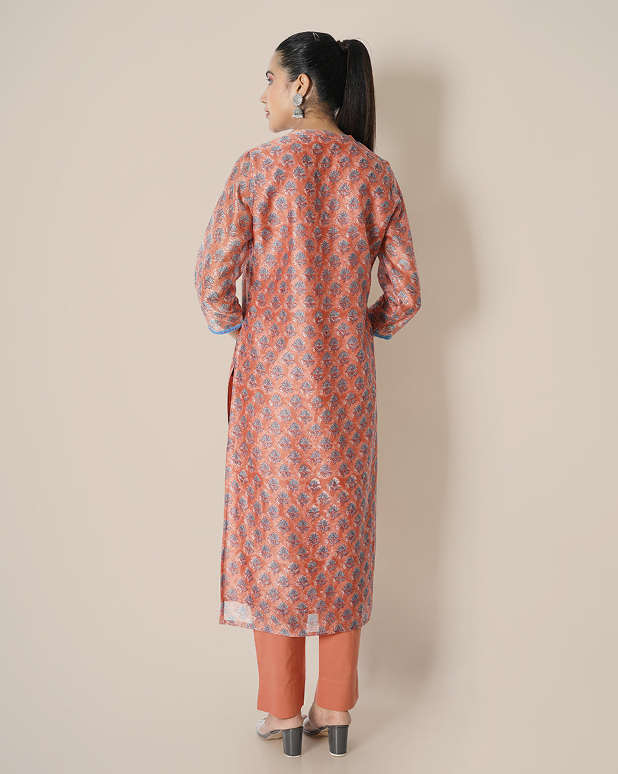 Tinted Sage Handblock Print Chanderi Kurta Set