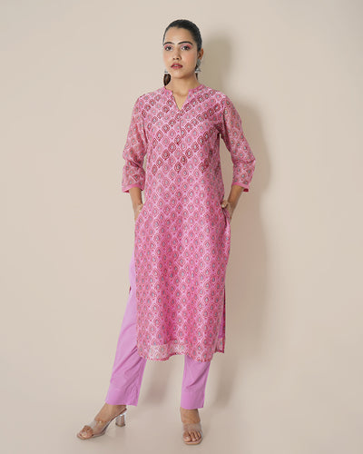 Floral Carnation Pink Handblock Print Chanderi Kurta Set