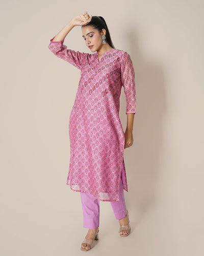 Floral Carnation Pink Handblock Print Chanderi Kurta Set