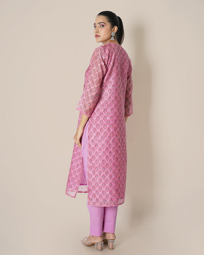 Floral Carnation Pink Handblock Print Chanderi Kurta Set