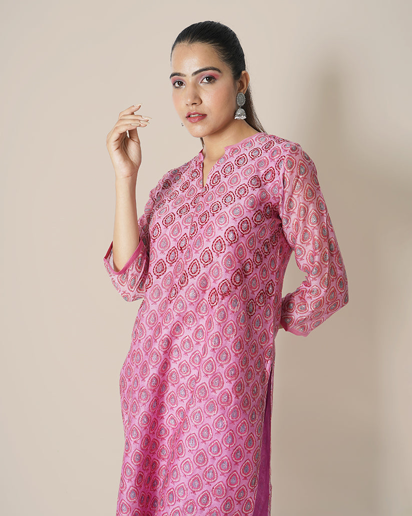 Floral Carnation Pink Handblock Print Chanderi Kurta Set