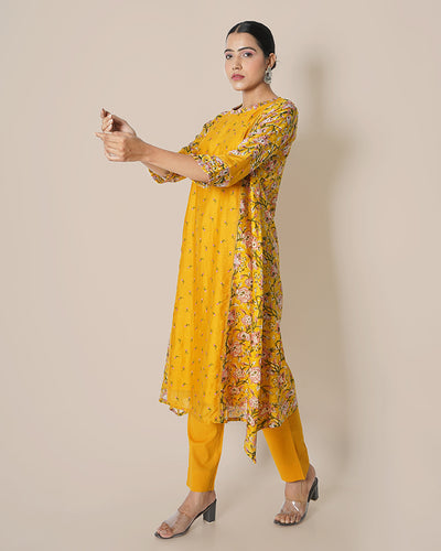 Marigold Bush Embroidered A-line Printed Chanderi Kurta Set