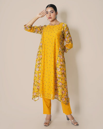 Marigold Bush Embroidered A-line Printed Chanderi Kurta Set