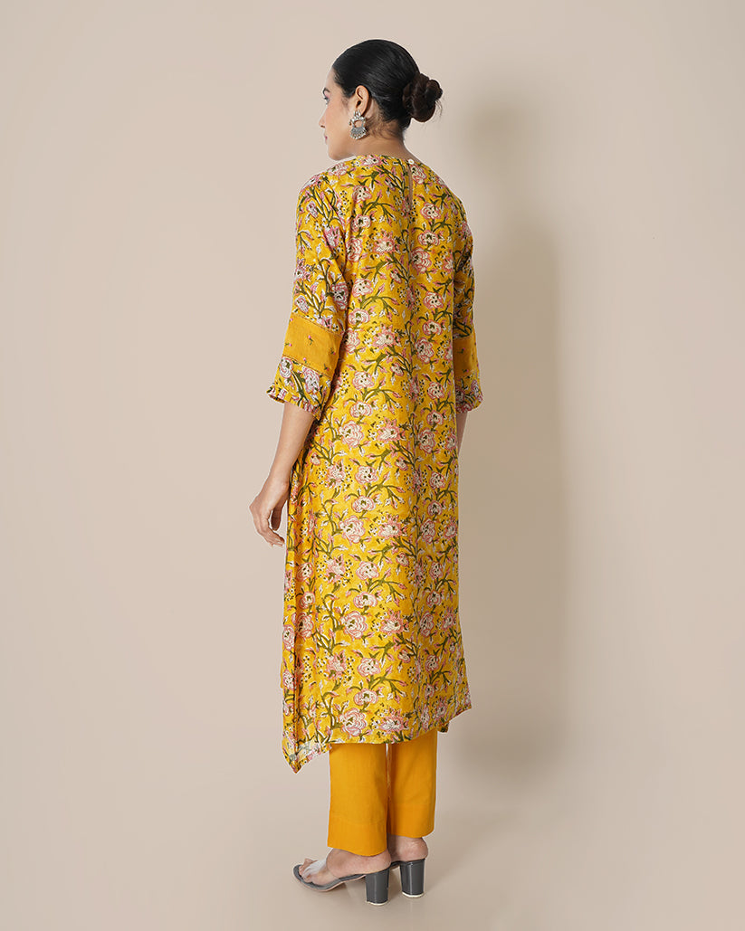 Marigold Bush Embroidered A-line Printed Chanderi Kurta Set