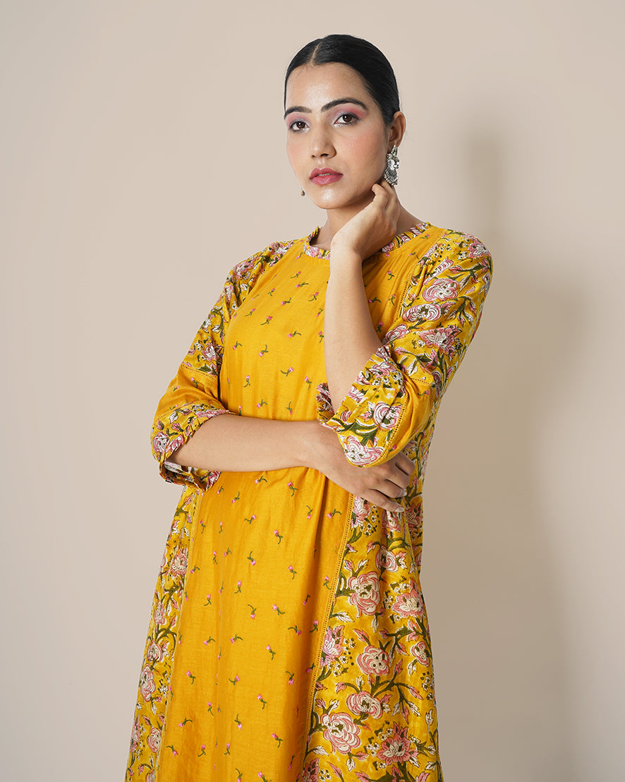 Marigold Bush Embroidered A-line Printed Chanderi Kurta Set