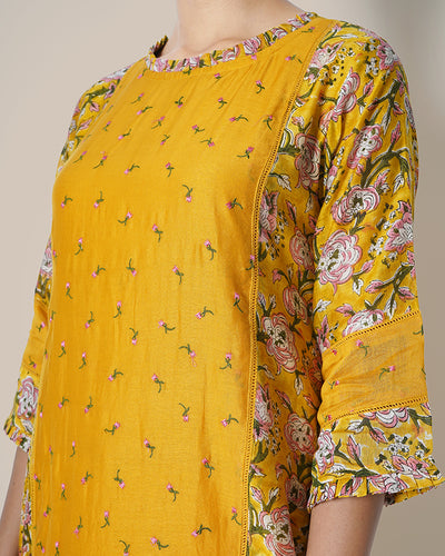 Marigold Bush Embroidered A-line Printed Chanderi Kurta Set