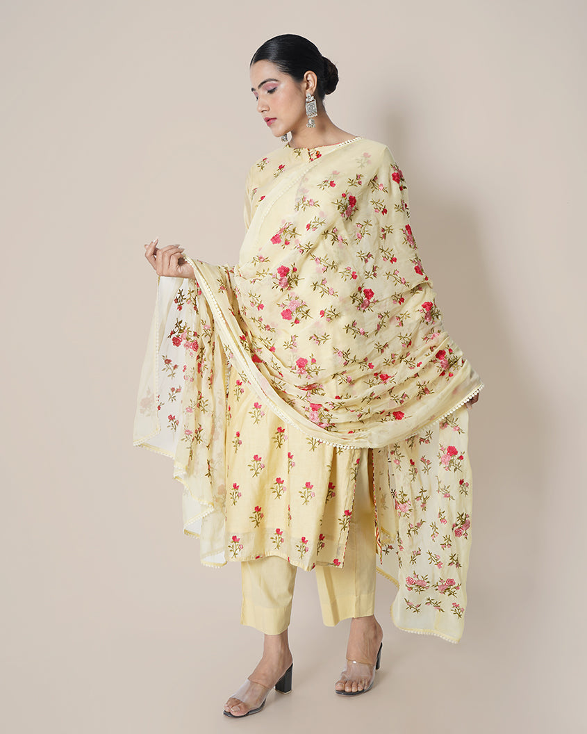 Morning Light Yellow Floral Embroidered Chanderi Suit Set