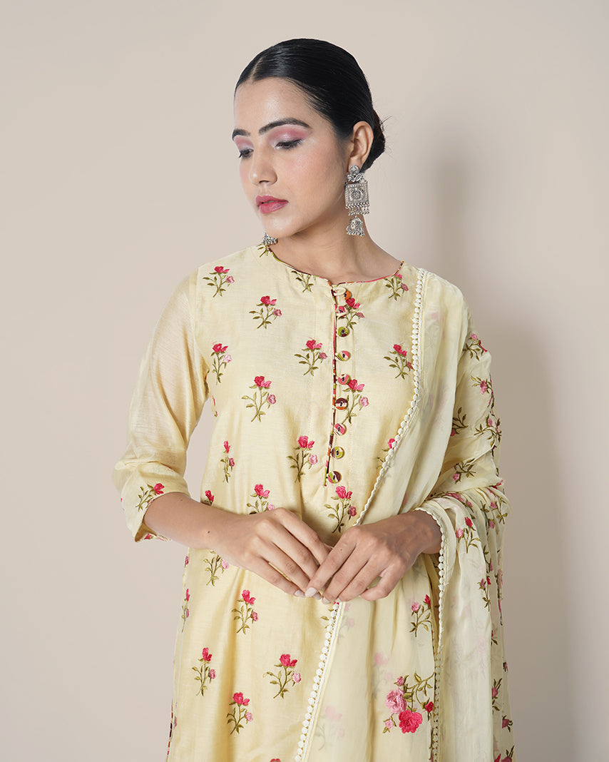 Morning Light Yellow Floral Embroidered Chanderi Suit Set