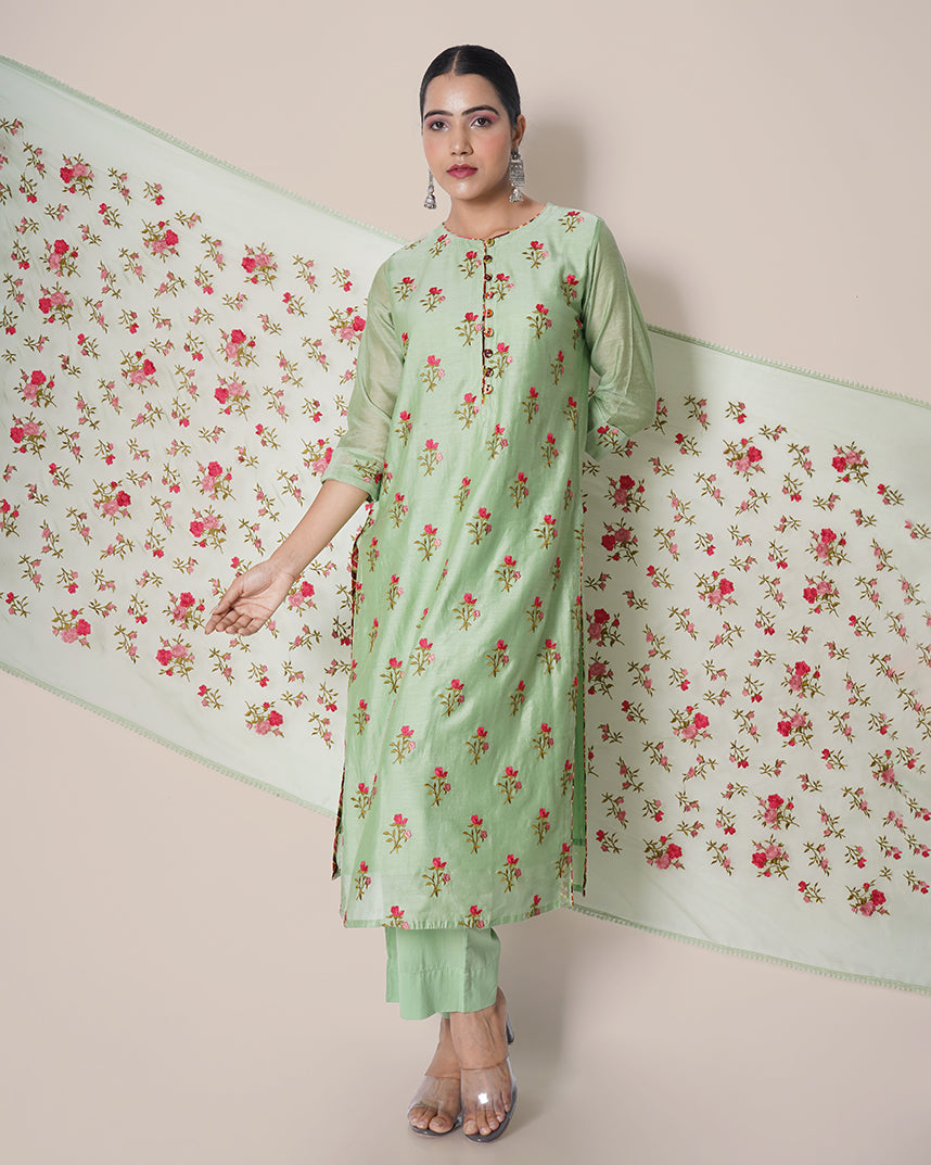 Bloomy Mint Floral Embroidered Chanderi Suit Set