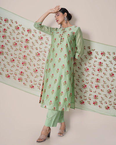 Bloomy Mint Floral Embroidered Chanderi Suit Set