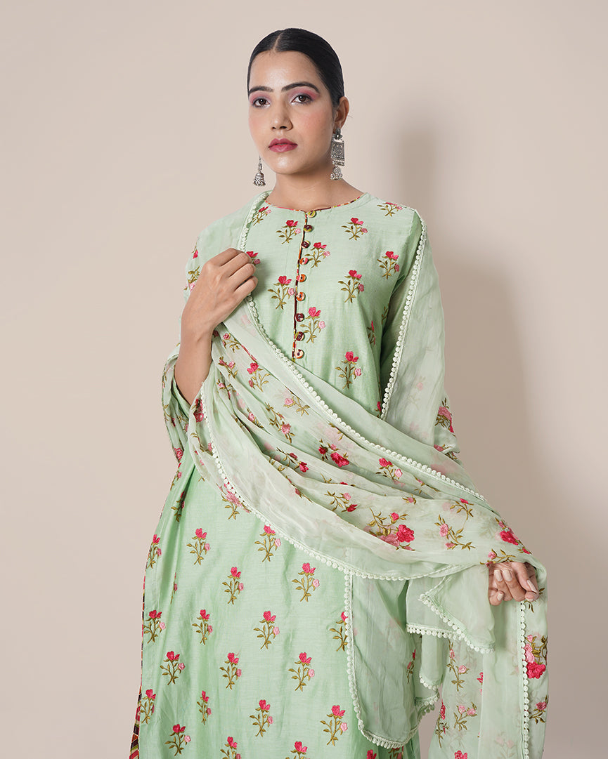 Bloomy Mint Floral Embroidered Chanderi Suit Set