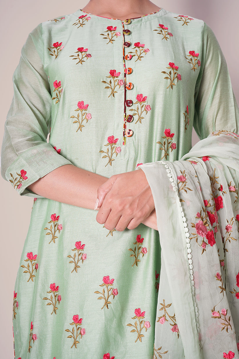 Bloomy Mint Floral Embroidered Chanderi Suit Set