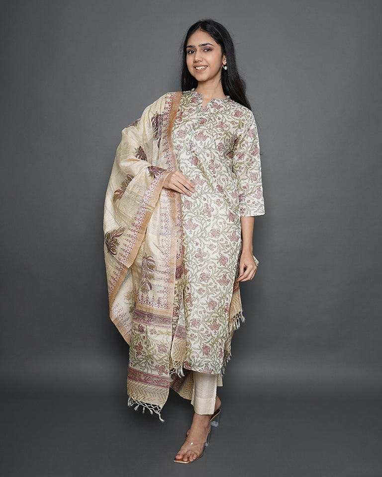 Ivory Garden Handblock Print Tussar Silk Kurta & Dupatta Set