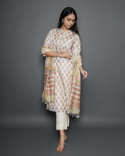 Ivory Blush Handblock Print Tussar Silk Kurta & Dupatta Set