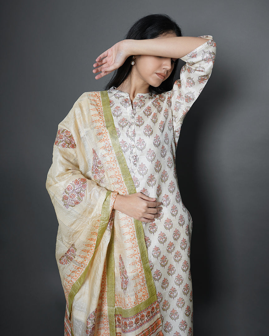 Ivory Blush Handblock Print Tussar Silk Kurta & Dupatta Set