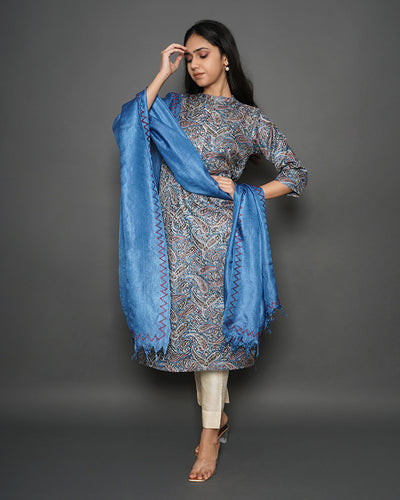 Sapphire Blue Handblock Print Tussar Silk Kurta & Dupatta Set