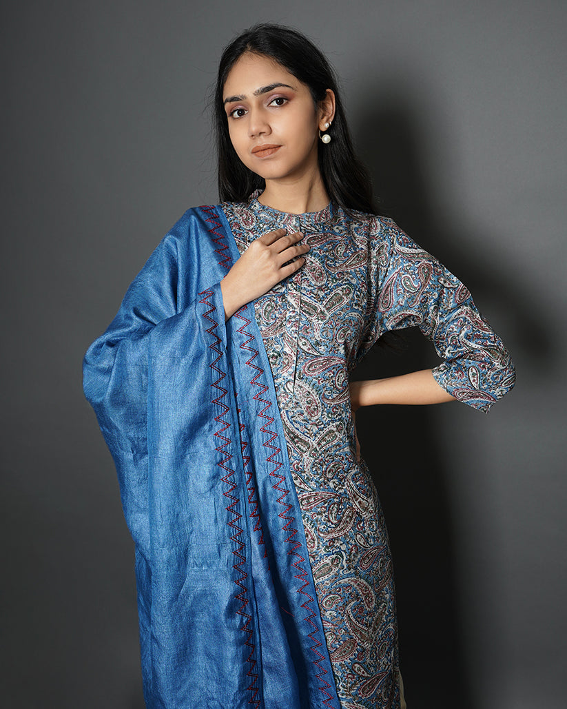 Sapphire Blue Handblock Print Tussar Silk Kurta & Dupatta Set