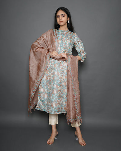 Floral Abstract Handblock Print Tussar Silk Kurta & Dupatta Set