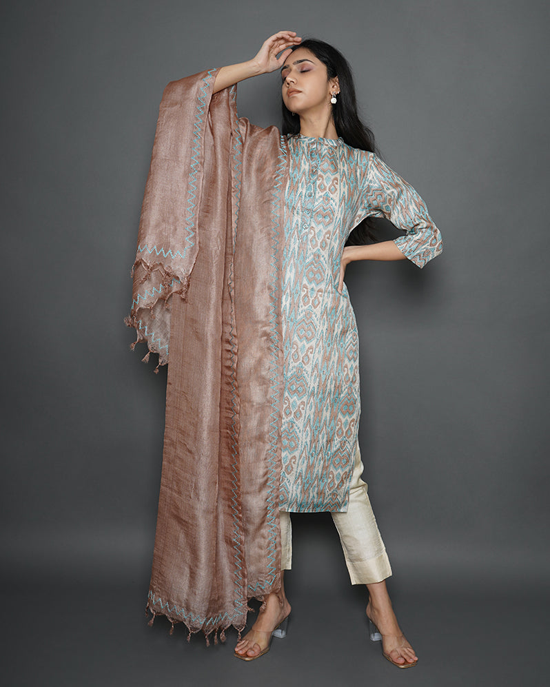 Floral Abstract Handblock Print Tussar Silk Kurta & Dupatta Set