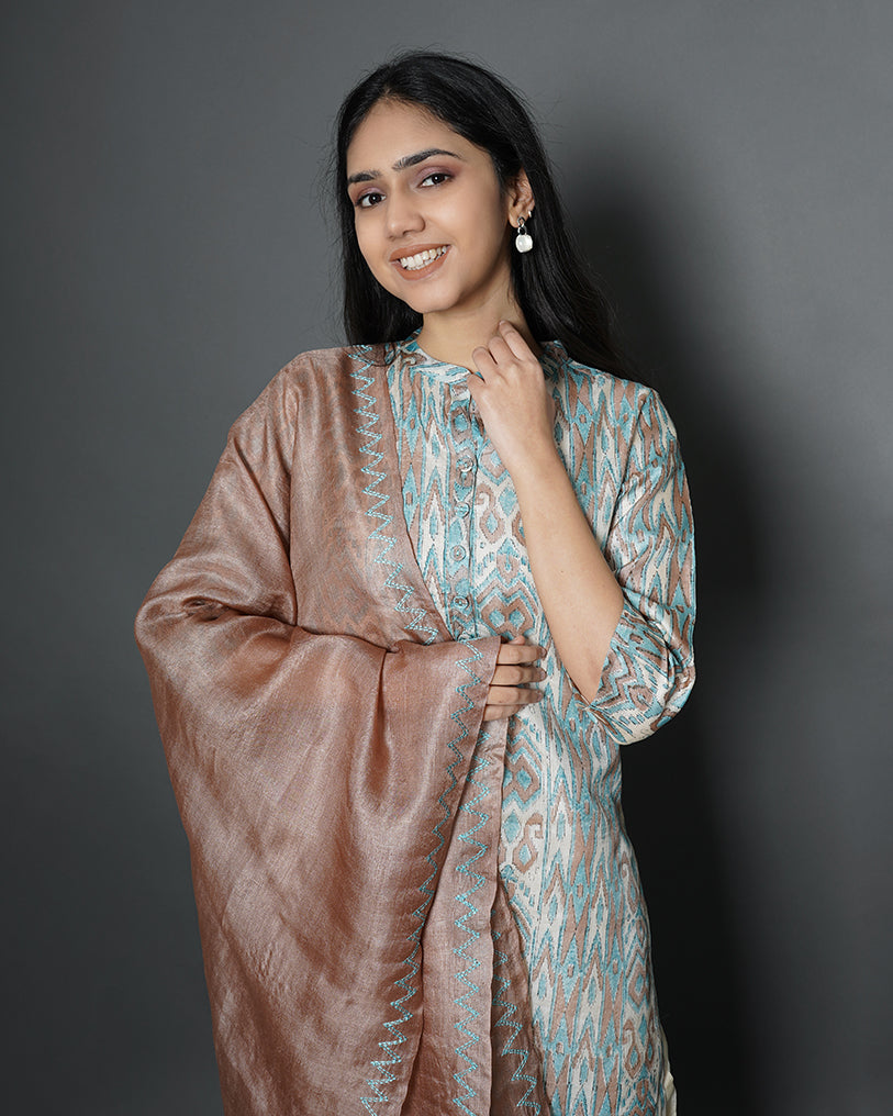 Floral Abstract Handblock Print Tussar Silk Kurta & Dupatta Set