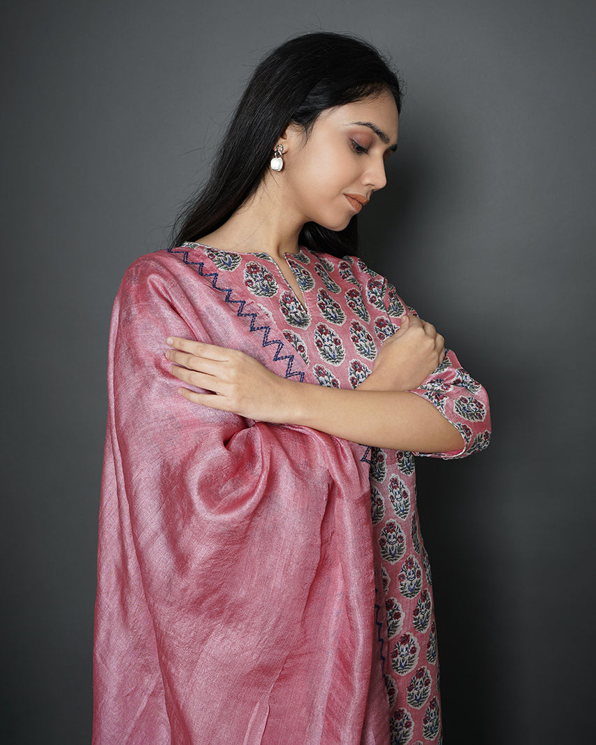 Floral Rouge Printed Tussar Silk Straight Kurta & Dupatta Set – Kameez