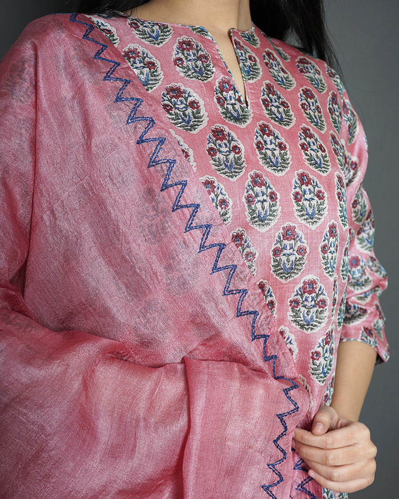 Floral Rouge Printed Tussar Silk Straight Kurta & Dupatta Set – Kameez