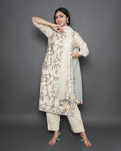 Floral Branch Printed Embroidered Off-White Chanderi Suit Set