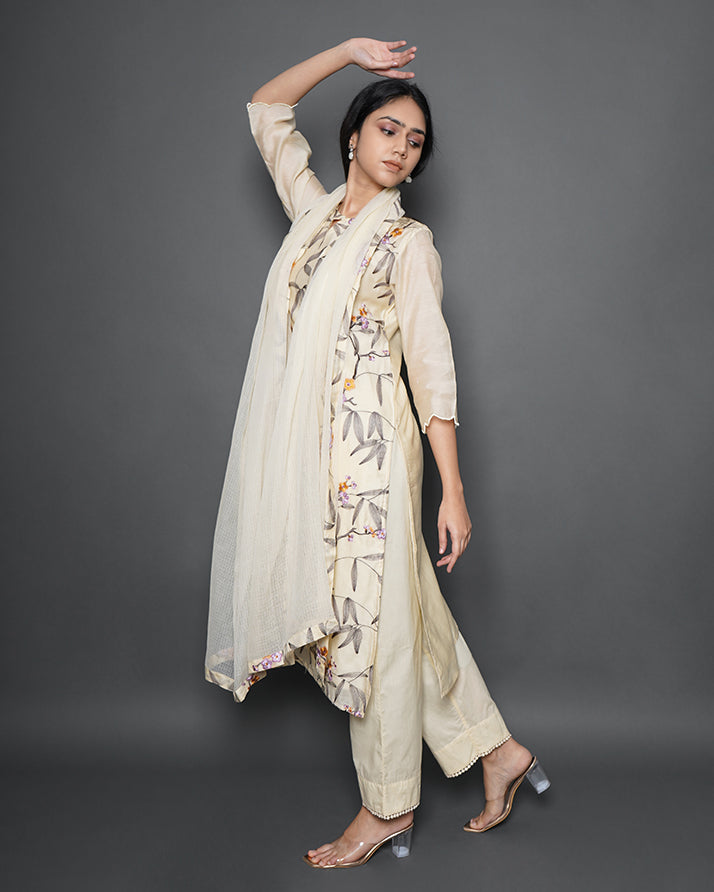 Floral Branch Printed Embroidered Off-White Chanderi Suit Set