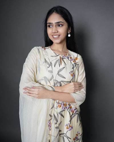 Floral Branch Printed Embroidered Off-White Chanderi Suit Set