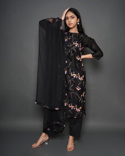 Olive Branch Black Floral Print Chanderi Suit Set