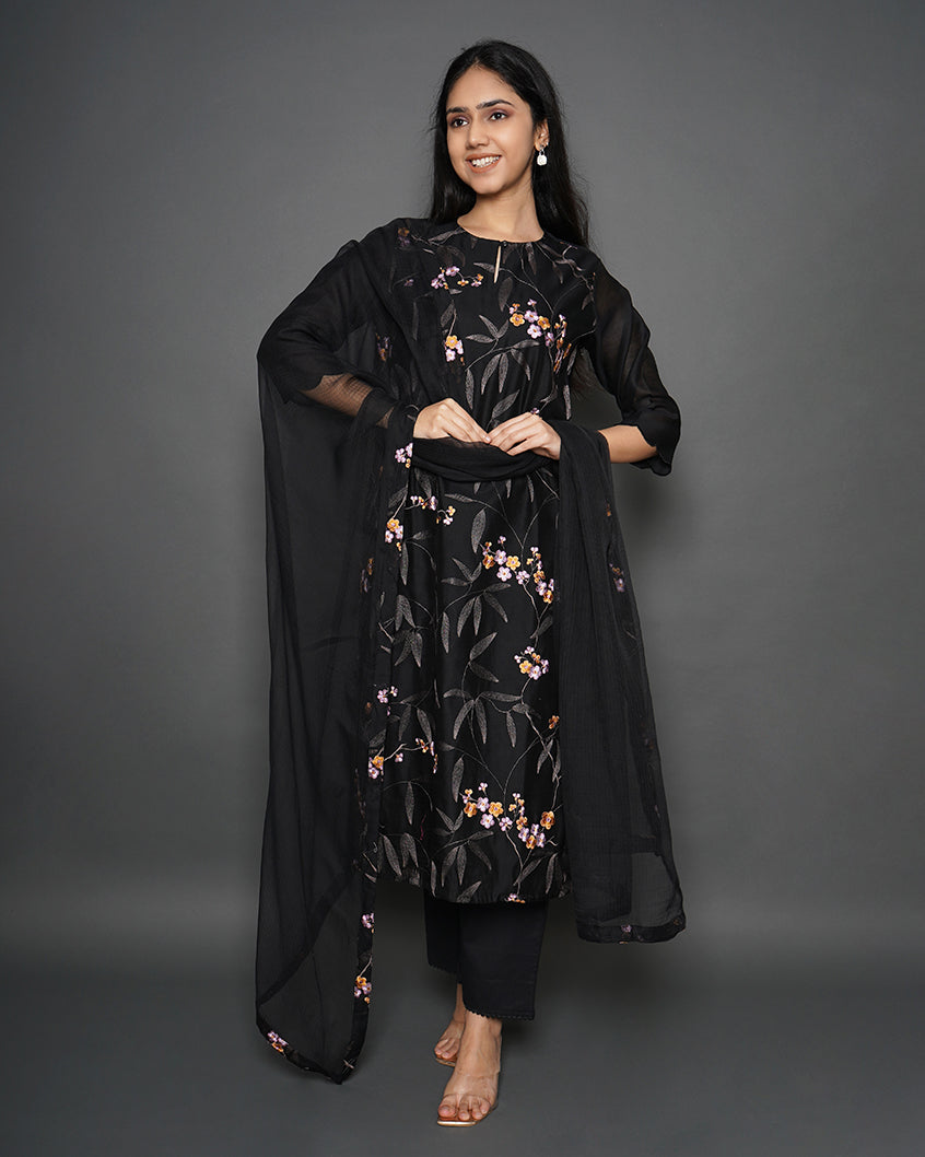 Olive Branch Black Floral Print Chanderi Suit Set