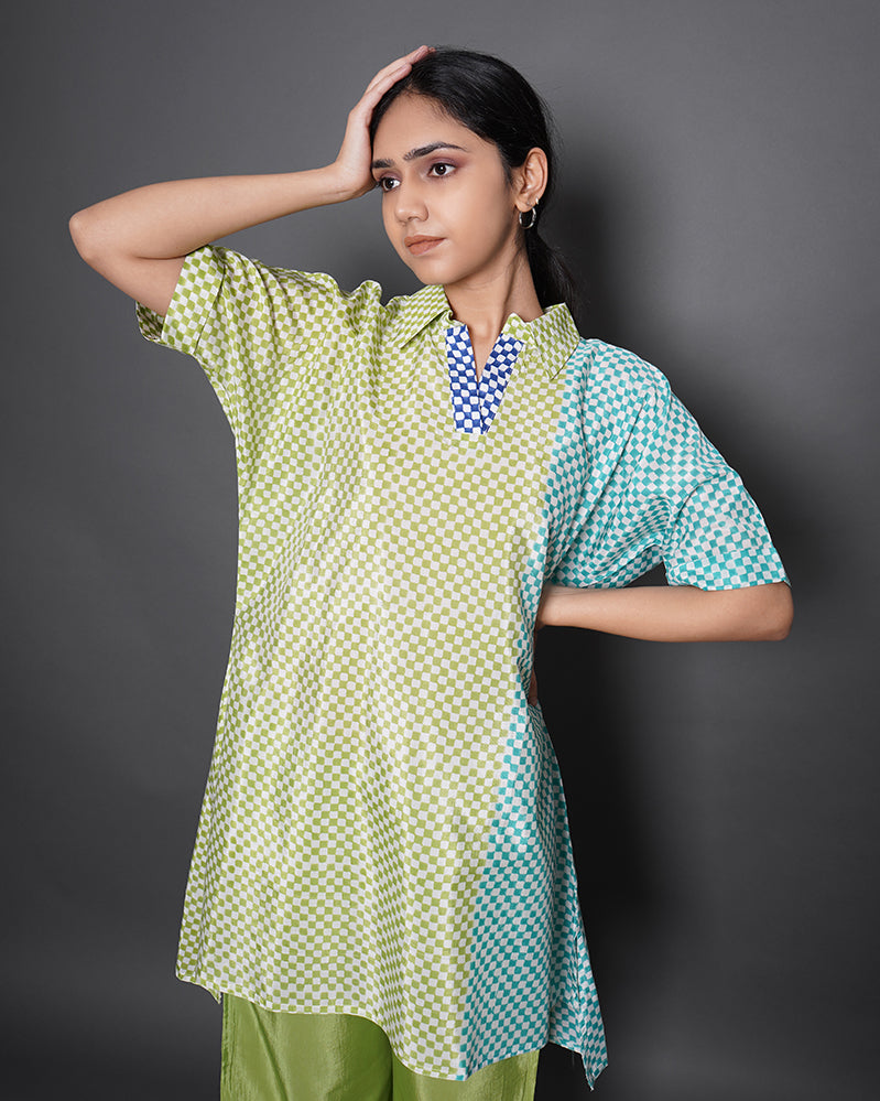 Pied Gingham Printed Summer Silk Co-ord Set