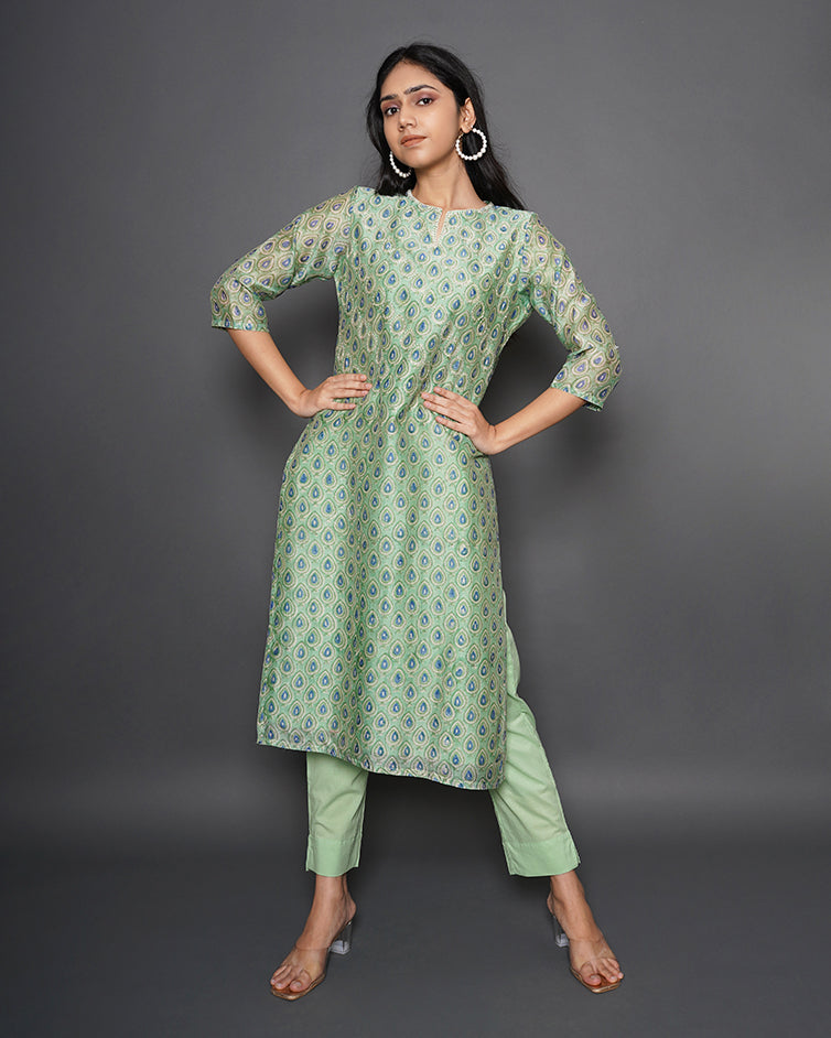 Pistachio Love Printed Chanderi Kurta Set