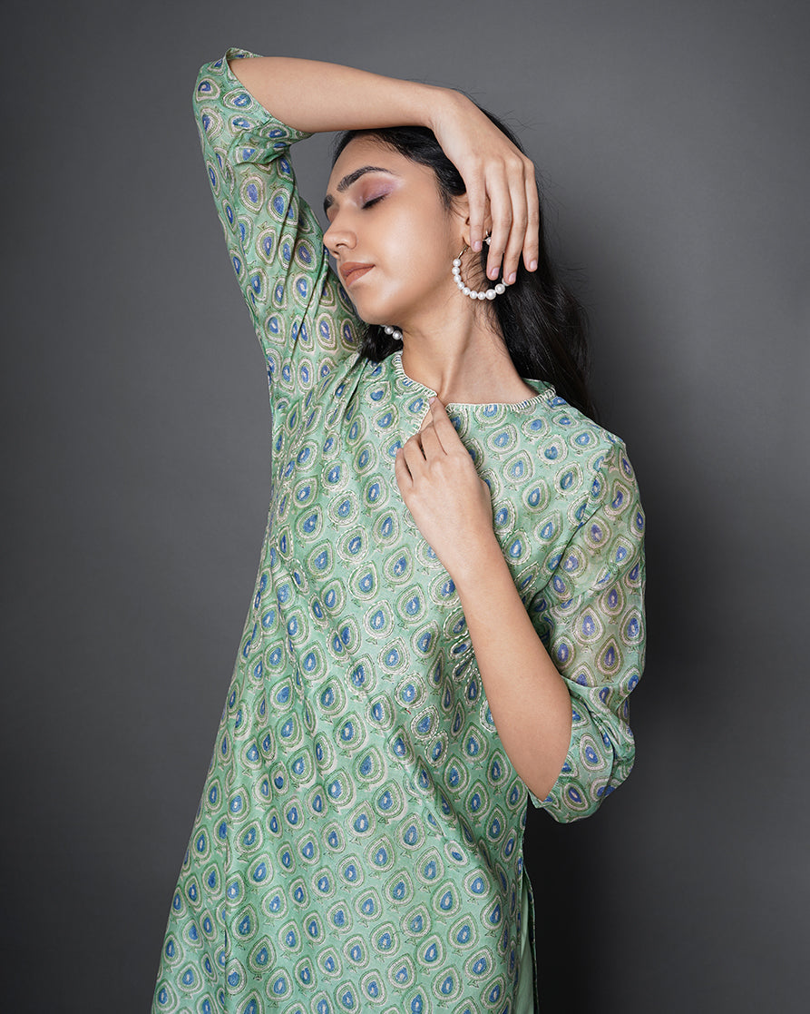 Pistachio Love Printed Chanderi Kurta Set